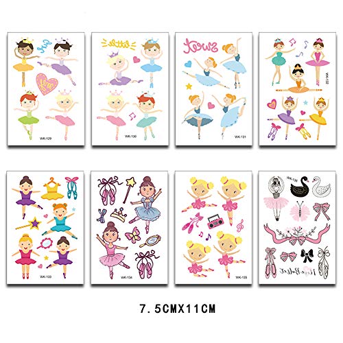 ED-Lumos Tatuajes Temporales para Niños Niñas Dibujos Animados 8 Hojas Etiquetas adhesivas Pegatinas para cumpleaños de niños Modelo niña de ballet