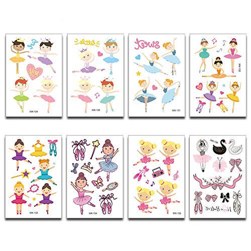 ED-Lumos Tatuajes Temporales para Niños Niñas Dibujos Animados 8 Hojas Etiquetas adhesivas Pegatinas para cumpleaños de niños Modelo niña de ballet