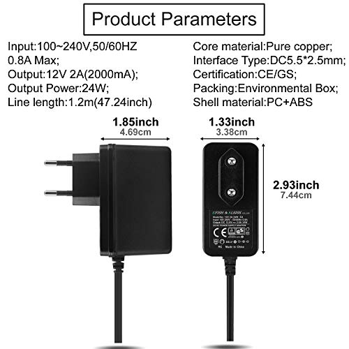 EFISH 12V 2A 24W Adaptador de Fuente de Alimentación del Transformador,Cámara CCTV,Teclado Yamaha,Enrutadores,Concentradores,Tiras de LED,Alarma,Masajeador,Timbre de la Puerta+7 Enchufes Diferentes
