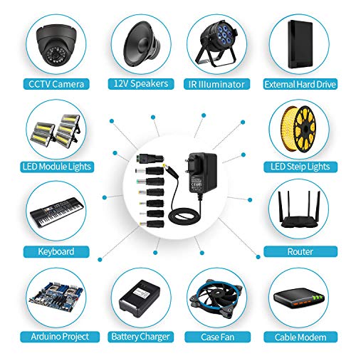 EFISH 12V 2A 24W Adaptador de Fuente de Alimentación del Transformador,Cámara CCTV,Teclado Yamaha,Enrutadores,Concentradores,Tiras de LED,Alarma,Masajeador,Timbre de la Puerta+7 Enchufes Diferentes