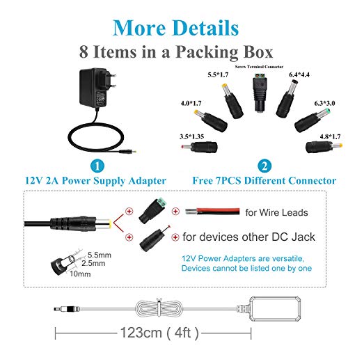 EFISH 12V 2A 24W Adaptador de Fuente de Alimentación del Transformador,Cámara CCTV,Teclado Yamaha,Enrutadores,Concentradores,Tiras de LED,Alarma,Masajeador,Timbre de la Puerta+7 Enchufes Diferentes