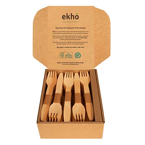 ekhõ The Wood Way! – Juego de 100 Tenedores Desechables de Madera Sostenible –Ecológicos Biodegradables y Compostables