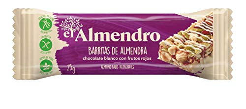 El Almendro - Barritas de Almendra, Chocolate Blanco y Frutos Rojos - 4x25 gr - Sin Gluten - Sin Aceite de Palma - Fuente de Fibra
