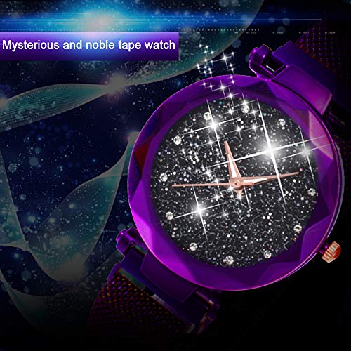 El más Nuevo Reloj Starry Sky a Prueba de Agua, Correa magnética con Hebilla, Reloj de Acero Inoxidable para Mujeres niñas (Purple)