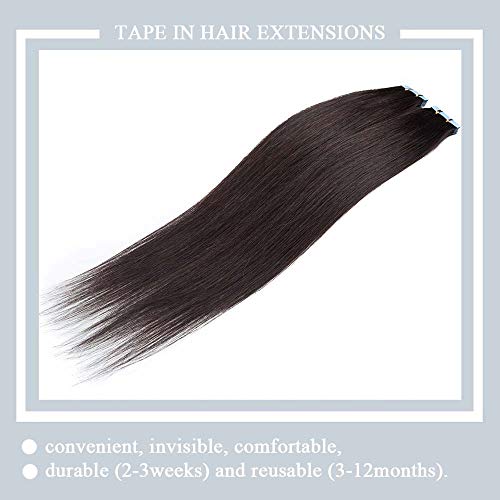 Elailite 20 Piezas Extensiones de Cabello Natural Adhesivas Remy Pelo Humano [Muy Gruesa] - 30 cm #1B Negro Natural - 60g (3g/pieza) Tape in Hair Extension Lisa