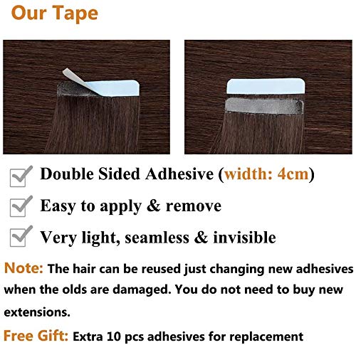 Elailite 40 Piezas Extensiones Adhesivas de Cabello Natural Pelo Remy - 30 cm #02 Marrón Oscuro [Espesor Delgado] Tape in Hair Extension Lisa - 60g (1.5g/pieza)