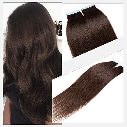 Elailite 40 Piezas Extensiones Adhesivas de Cabello Natural Pelo Remy - 30 cm #02 Marrón Oscuro [Espesor Delgado] Tape in Hair Extension Lisa - 60g (1.5g/pieza)