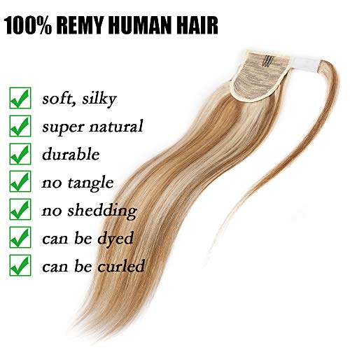 Elailite Coleta Postiza Pelo Natural Ponytail 100% Remy Human Hair Pelo Humano - 40 cm #12/613 Castaño Dorado/Blanqueador Rubio