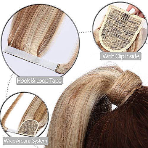 Elailite Coleta Postiza Pelo Natural Ponytail 100% Remy Human Hair Pelo Humano - 40 cm #12/613 Castaño Dorado/Blanqueador Rubio
