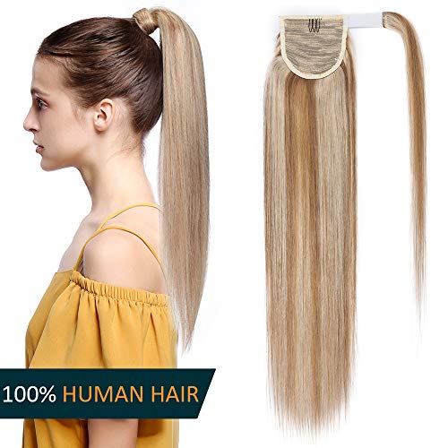 Elailite Coleta Postiza Pelo Natural Ponytail 100% Remy Human Hair Pelo Humano - 40 cm #12/613 Castaño Dorado/Blanqueador Rubio