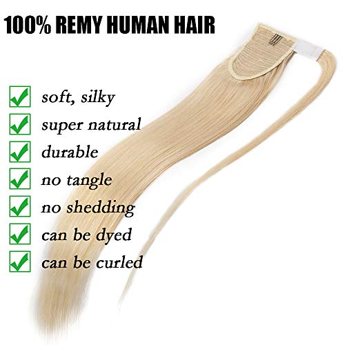 Elailite Coleta Postiza Pelo Natural Ponytail Extensiones de Cabello Natural a Clip - 40 cm #613 Blanqueador Rubio - Largas Humano 100% Remy Human Hair