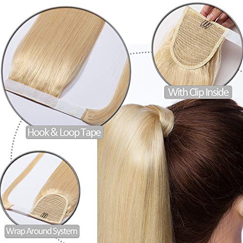 Elailite Coleta Postiza Pelo Natural Ponytail Extensiones de Cabello Natural a Clip - 40 cm #613 Blanqueador Rubio - Largas Humano 100% Remy Human Hair