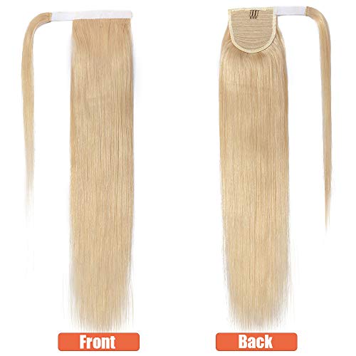 Elailite Coleta Postiza Pelo Natural Ponytail Extensiones de Cabello Natural a Clip - 40 cm #613 Blanqueador Rubio - Largas Humano 100% Remy Human Hair