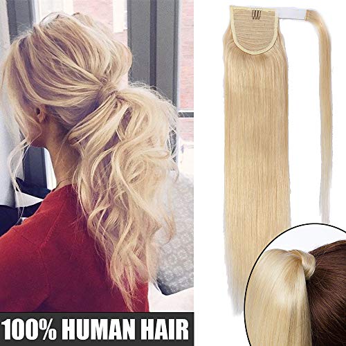 Elailite Coleta Postiza Pelo Natural Ponytail Extensiones de Cabello Natural a Clip - 40 cm #613 Blanqueador Rubio - Largas Humano 100% Remy Human Hair