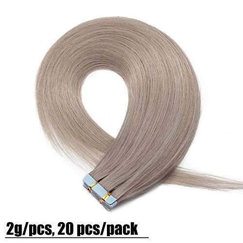 Elailite Extensiones Adhesivas 20 Piezas de Cabello Natural Pelo Remy - 30 cm Gris - [2g *20 Piezas] 40g Tape in Hair Extension Liso