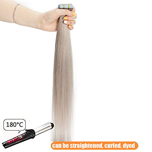 Elailite Extensiones Adhesivas 20 Piezas de Cabello Natural Pelo Remy - 30 cm Gris - [2g *20 Piezas] 40g Tape in Hair Extension Liso