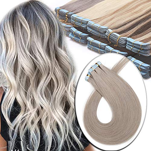 Elailite Extensiones Adhesivas 20 Piezas de Cabello Natural Pelo Remy - 30 cm Gris - [2g *20 Piezas] 40g Tape in Hair Extension Liso