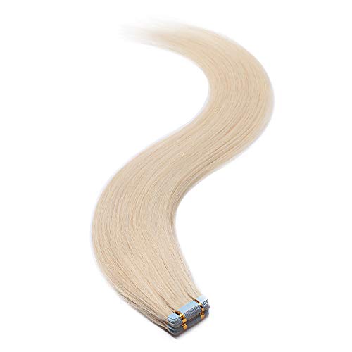 Elailite Extensiones Adhesivas Cabello Natural Pelo Remy Human Hair Humano Tape in Liso - 40 cm #70 Blanco Muy Claro [2.5g *20 Piezas] 50g