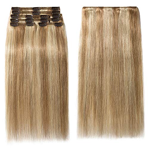 Elailite Extensiones Cabello Natural Clip Pelo Humano - 25 cm 110g #12P613 Castaño Dorado Mecha Rubio Muy Claro [Max Grueso] Double Weft 100% Remy Hair Mujer 8 Piezas