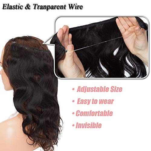 Elailite Extensiones Naturales de Hilo Invisible Pelo Humano Rizadas Mechas Remy - 40 CM #1B Negro Natural - [Un Hilo - Una Banda] 100% Human Hair