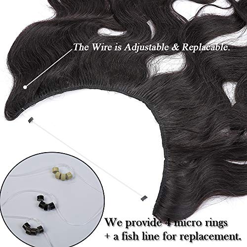 Elailite Extensiones Naturales de Hilo Invisible Pelo Humano Rizadas Mechas Remy - 40 CM #1B Negro Natural - [Un Hilo - Una Banda] 100% Human Hair