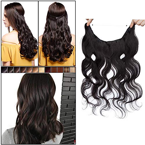 Elailite Extensiones Naturales de Hilo Invisible Pelo Humano Rizadas Mechas Remy - 40 CM #1B Negro Natural - [Un Hilo - Una Banda] 100% Human Hair
