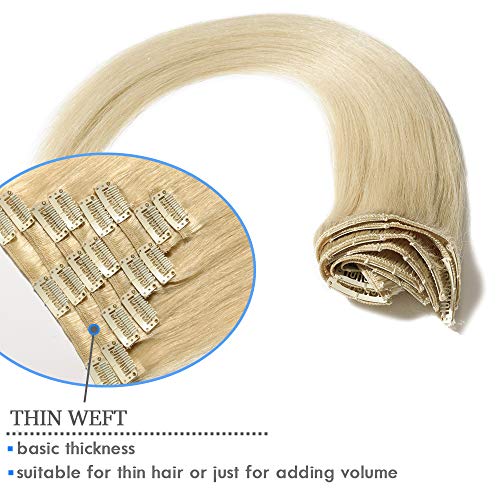 Elailite Postizos de Cabello Humano Extensiones de Clip Pelo Natural Remy Human Hair - 55 cm #60 Rubio Platino -[Delgada]