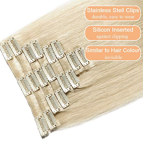 Elailite Postizos de Cabello Humano Extensiones de Clip Pelo Natural Remy Human Hair - 55 cm #60 Rubio Platino -[Delgada]
