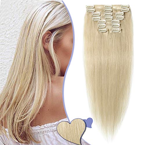 Elailite Postizos de Cabello Humano Extensiones de Clip Pelo Natural Remy Human Hair - 55 cm #60 Rubio Platino -[Delgada]
