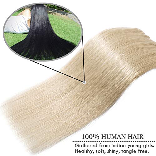 Elailite Postizos de Cabello Humano Extensiones de Clip Pelo Natural Remy Human Hair - 55 cm #60 Rubio Platino -[Delgada]
