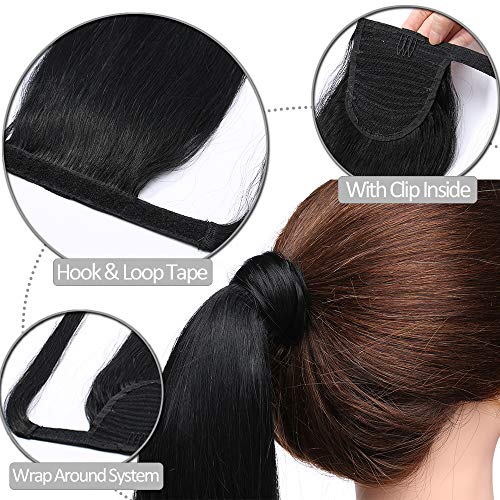 Elailite Postizos de Pelo Natural Coleta Ponytail Extensiones de Cabello Natural a Clip - 55 cm #01 Negro Oscuro - Largas Humano 100% Remy Hair Mechas