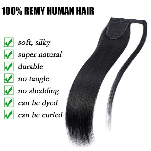Elailite Postizos de Pelo Natural Coleta Ponytail Extensiones de Cabello Natural a Clip - 55 cm #01 Negro Oscuro - Largas Humano 100% Remy Hair Mechas