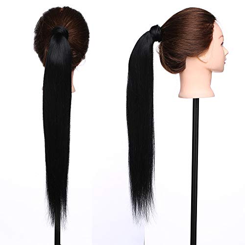 Elailite Postizos de Pelo Natural Coleta Ponytail Extensiones de Cabello Natural a Clip - 55 cm #01 Negro Oscuro - Largas Humano 100% Remy Hair Mechas