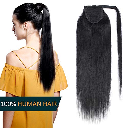 Elailite Postizos de Pelo Natural Coleta Ponytail Extensiones de Cabello Natural a Clip - 55 cm #01 Negro Oscuro - Largas Humano 100% Remy Hair Mechas