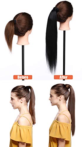 Elailite Postizos de Pelo Natural Coleta Ponytail Extensiones de Cabello Natural a Clip - 55 cm #01 Negro Oscuro - Largas Humano 100% Remy Hair Mechas