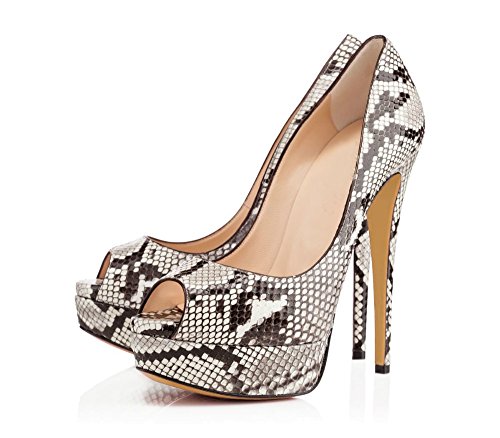 ELASHE - Zapatos para Mujer - Tacón de Aguja -15CM Peep Toe - 3CM Plataforma Tacones Mujer Fiestas Oficina Python EU37