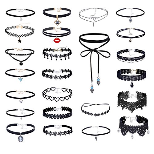 Elegant Rose - Juego de choquers, 24 unidades, set de collares góticos, tattoo, picos, cadenas estrechas, terciopelo, clásico, color negro
