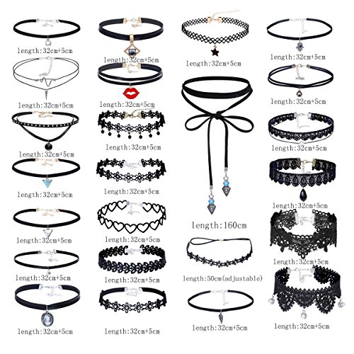 Elegant Rose - Juego de choquers, 24 unidades, set de collares góticos, tattoo, picos, cadenas estrechas, terciopelo, clásico, color negro