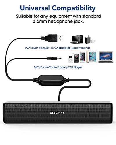 ELEGIANT Altavoces PC, Mini Barra de Sonido USB Altavoz Sobremesa Estéreo con Cable para Ordenador con Control de Volumen en Línea para Escritorio Oficina para Ordenador Portátil Móvil, Negro