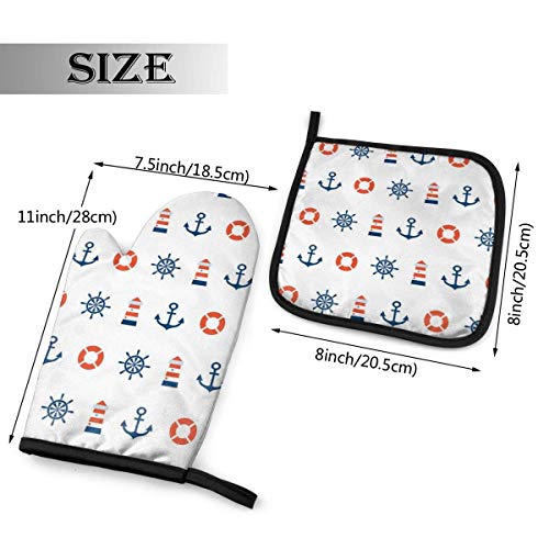 Eliuji Lighthouse Lifebuoy Rudder Oven Mitts y Pot Holders Set, Guantes de Horno Lavables Antideslizantes de Cocina Resistente al Calor Lavable