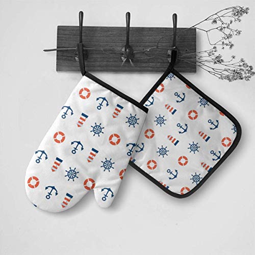 Eliuji Lighthouse Lifebuoy Rudder Oven Mitts y Pot Holders Set, Guantes de Horno Lavables Antideslizantes de Cocina Resistente al Calor Lavable