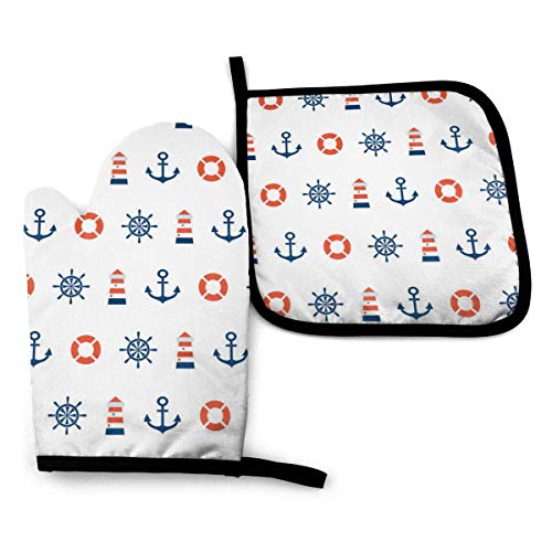 Eliuji Lighthouse Lifebuoy Rudder Oven Mitts y Pot Holders Set, Guantes de Horno Lavables Antideslizantes de Cocina Resistente al Calor Lavable