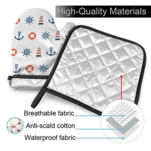 Eliuji Lighthouse Lifebuoy Rudder Oven Mitts y Pot Holders Set, Guantes de Horno Lavables Antideslizantes de Cocina Resistente al Calor Lavable