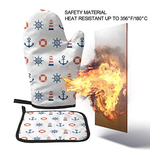 Eliuji Lighthouse Lifebuoy Timón, Manoplas de Horno y Juegos de Porta ollas. Juego de agarraderas de Guantes Resistentes al Calor para Hornear Cocina a la Parrilla