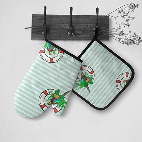 Eliuji Sea Parrot Lifebuoy Tropical Animal Nature Guantes para Horno y agarraderas Guantes para Barbacoa-Guantes para Horno y Porta ollas Guantes de Cocina