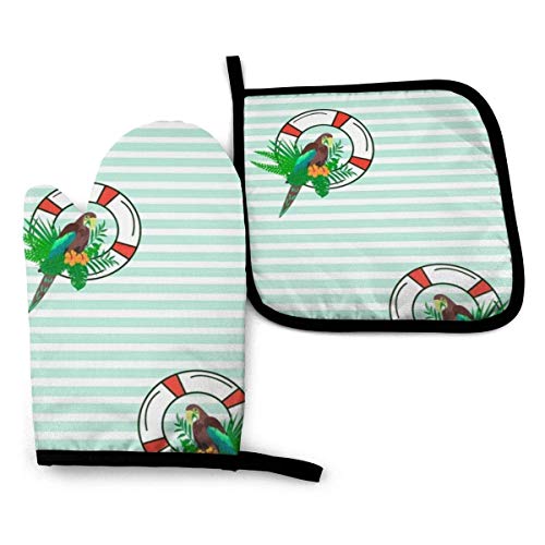Eliuji Sea Parrot Lifebuoy Tropical Animal Nature Guantes para Horno y agarraderas Guantes para Barbacoa-Guantes para Horno y Porta ollas Guantes de Cocina