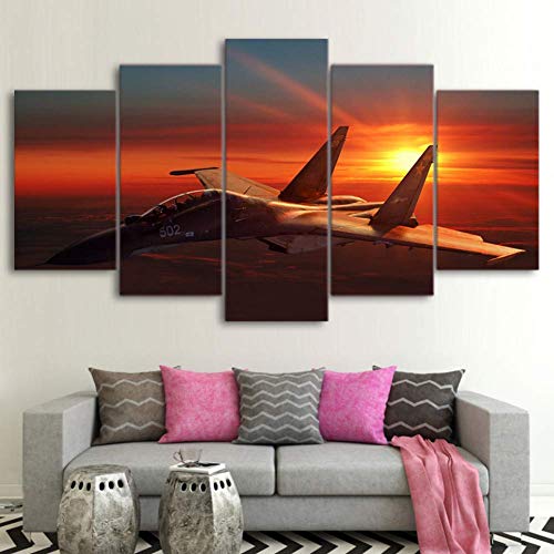 ELLCDRJ Modern 5 Piece Canvas Painting Modular Canvas Wall Art Posters Pictures and Prints For Walls Airplane Aircraft Sunset Wall Decoration for Bedroom Bathroom Corridor Decor-Frameless