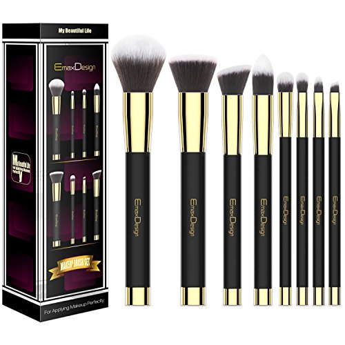 EmaxDesign 8 piezas Juego de brochas de maquillaje cara Fundación Blush de ojos sombra de ojos labios pinceles de maquillaje polvo líquido crema cosméticos herramientas maquillaje (Golden negro)