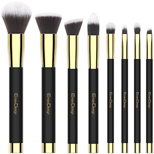 EmaxDesign 8 piezas Juego de brochas de maquillaje cara Fundación Blush de ojos sombra de ojos labios pinceles de maquillaje polvo líquido crema cosméticos herramientas maquillaje (Golden negro)