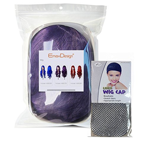 EmaxDesign de las pelucas 80cm calidad de alta largo completo de las mujeres pelo rizado pelo ondulado mechas prueba calor con pelo rulos libre peluca peine(color:morado oscuro)